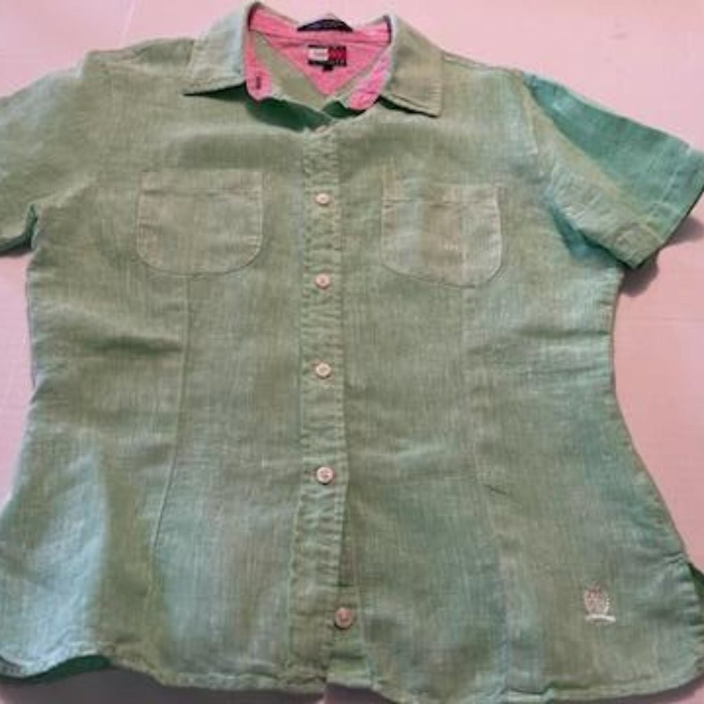 TOMMY HILFIGER lime green 100% linen top size 8 lightweight